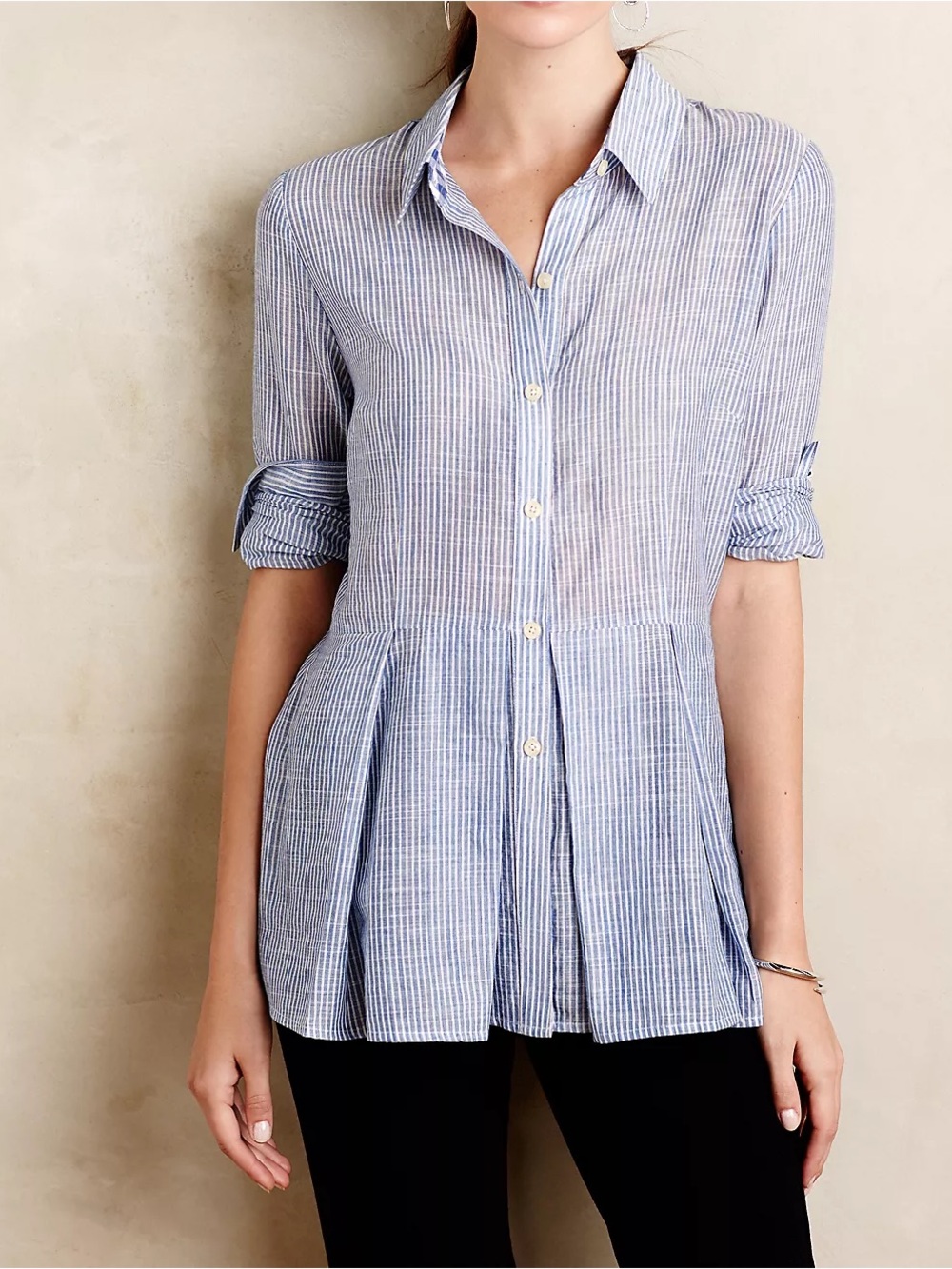 Anthro 11.1 TYLHO Blue White Striped Peplum Button Up Top Cotton Preppy Shirt